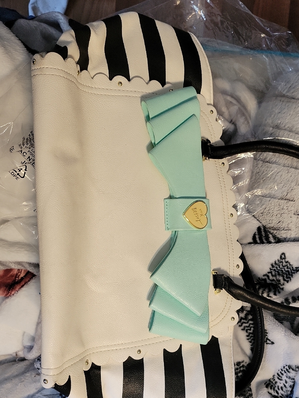 White & Mint Bow Tote Bag - Elegant Women's Handbag